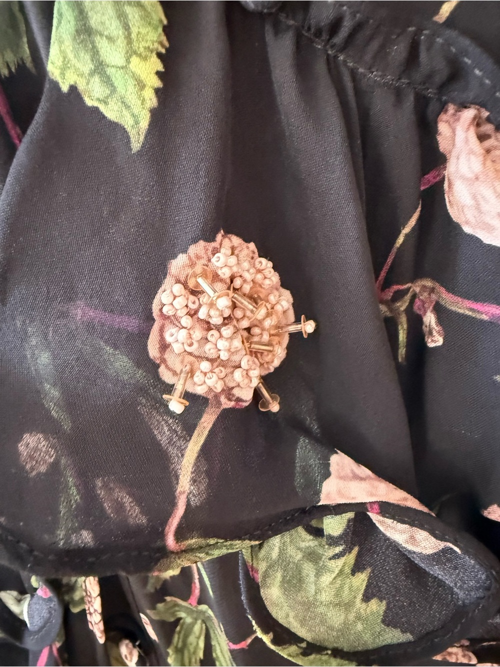 Johanna Ortiz Galeria Fundana Black Maxi Dress with Pink Floral and Green Leaves - Picture 4 of 7